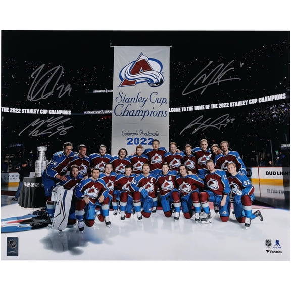 Nathan MacKinnon, Cale Makar, Mikko Rantanen, and Gabriel Landeskog Colorado Avalanche Autographed 16" x 20" Banner Night Photograph - Fanatics Authentic Certified