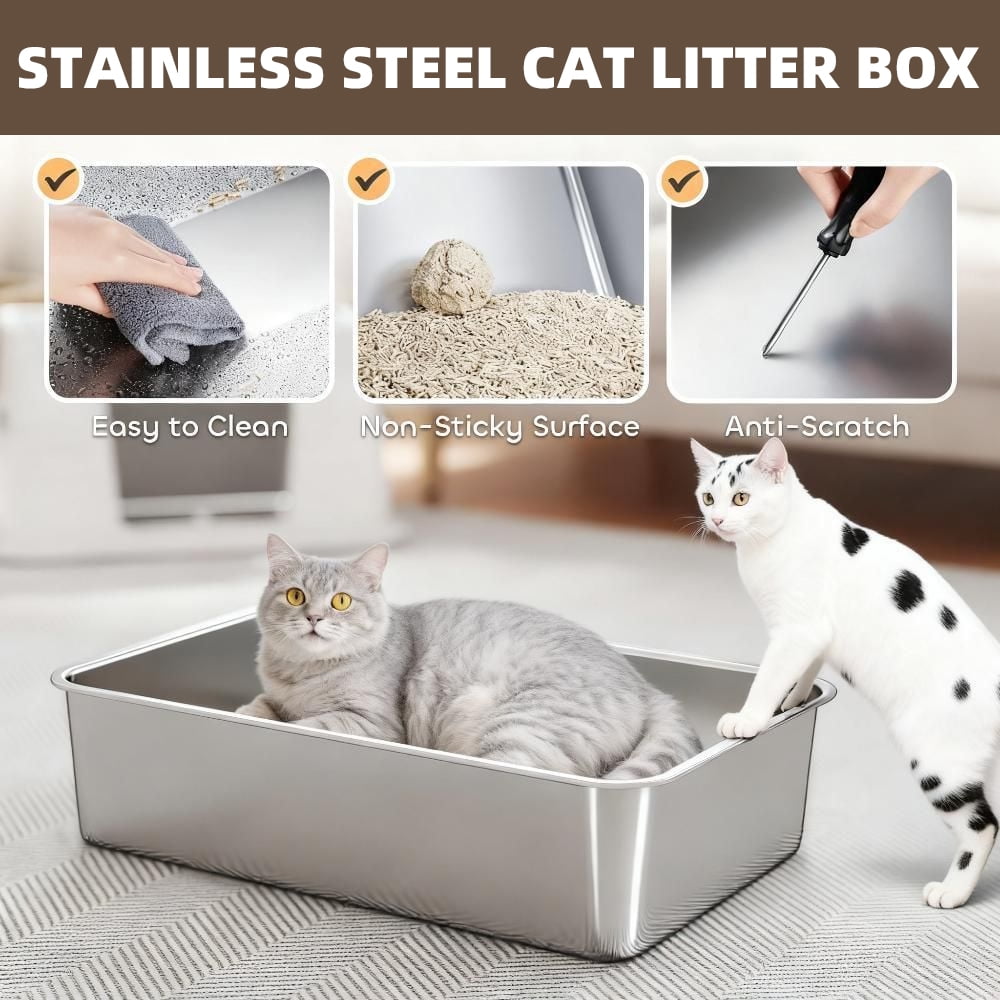 LUMAMIN Cat Litter Box, Stainless Steel Top and Side Entry Cat Box Enclosure with Scoop for Cats of Different Sizes, 33 lbs Capacity, 23.7" x 15.8" x 17.5", Light Gray