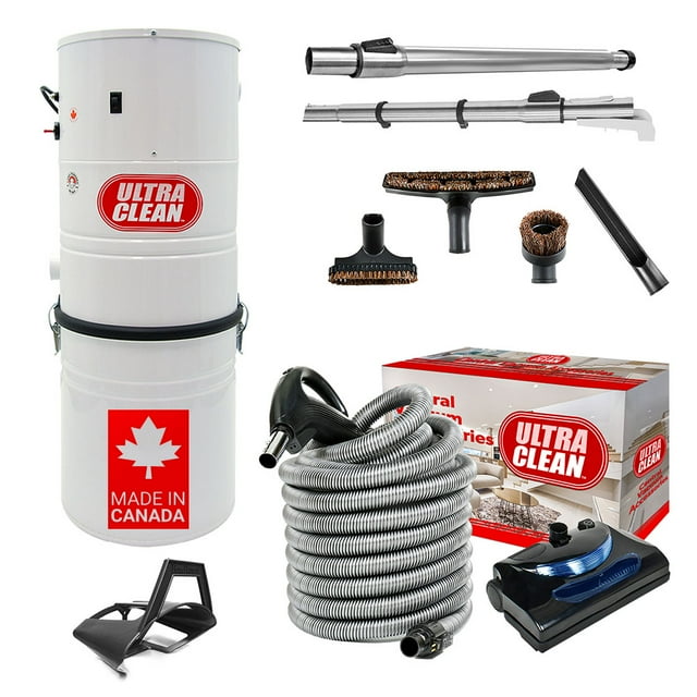Ultra Clean SC100 Heavy Duty Powerful Central Vacuum System – Made in Canada – with Deluxe Electric Hose, Powerhead and Accessory Package (30 ft Direct Connect, Black)