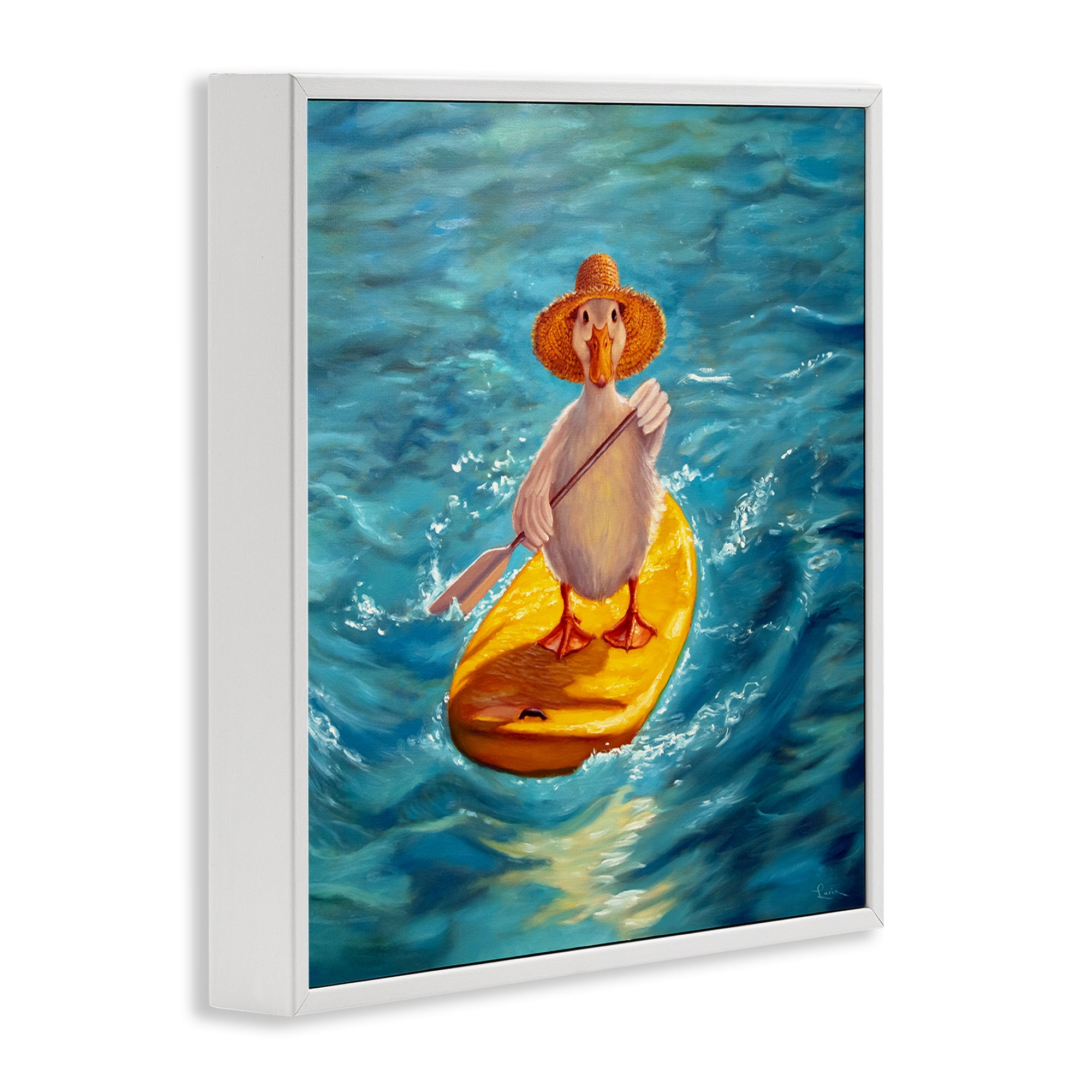 Stupell Industries The Paddler Duck with Straw Hat White Framed Giclee Art, design by Lucia Heffernan
