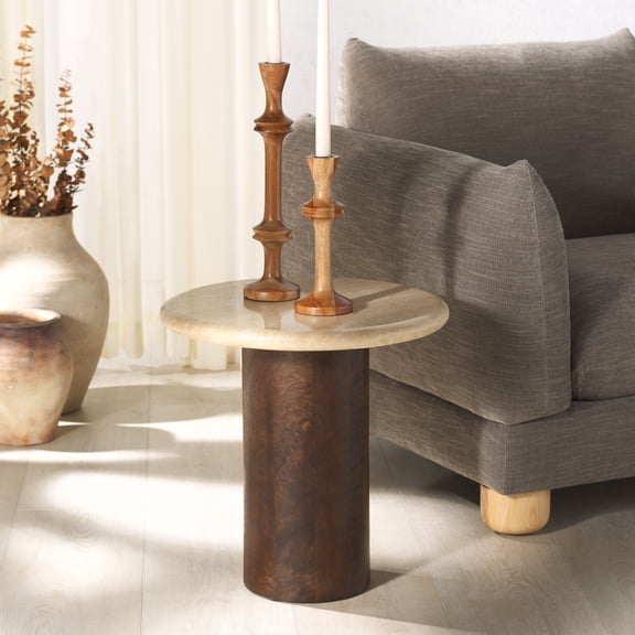 Safavieh Couture Jennamira Modern Wood and Travertine Round End Table, Dark Brown/Travertine