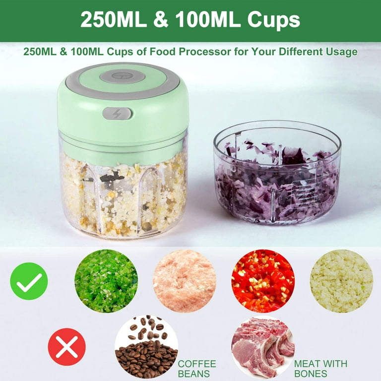 Electric Mini Food Chopper, Rechargable Small Food Processor for Garlic,  Puree, Onion, Herb, Veggie, Ginger, Fruit Blender (250ml+100ml 2 cups,  Green)
