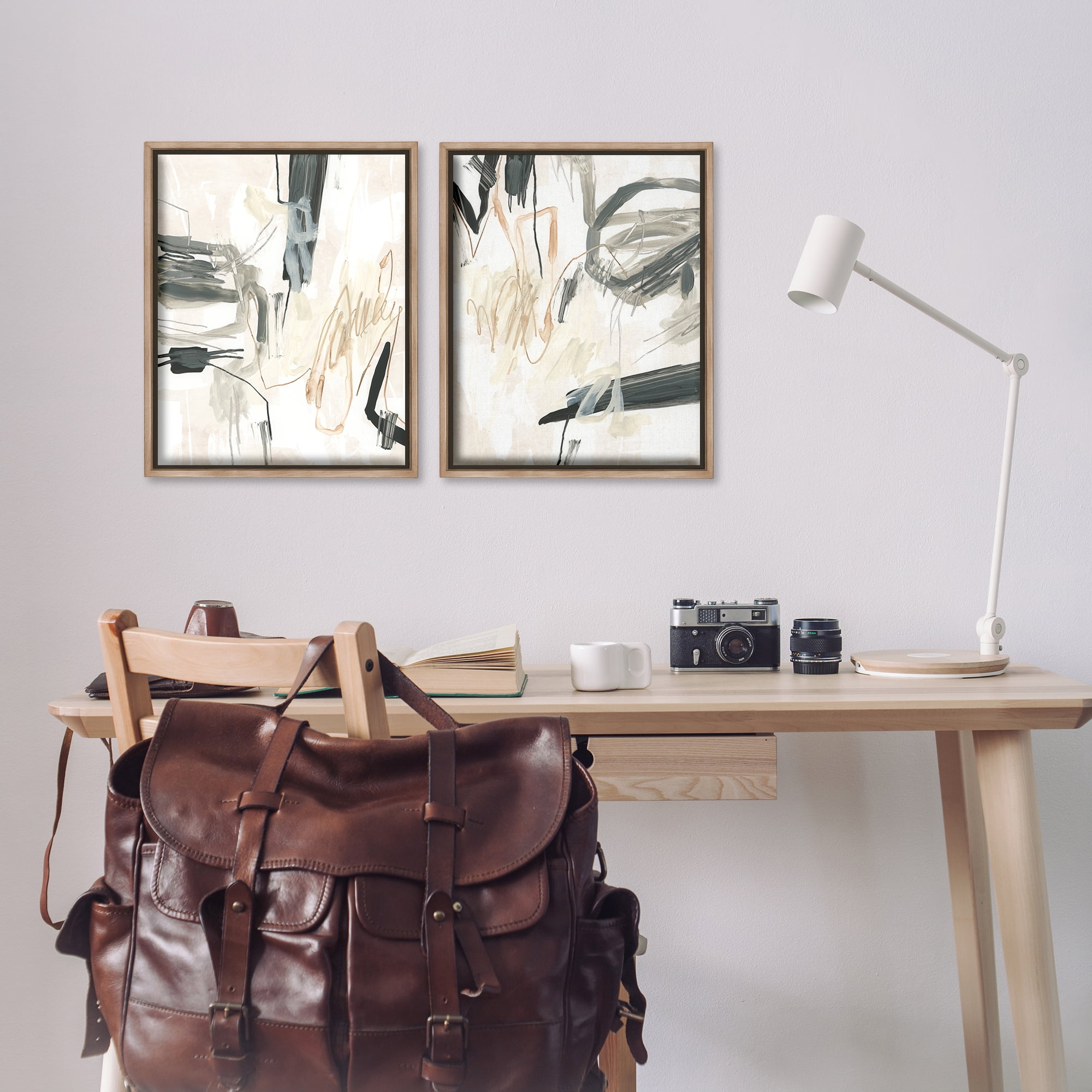 Stupell Industries Abstract Squiggly Beige Lines Abstract Painting Brown Floater Framed Canvas Art Print Wall Art, 17 x 21, Set of 2