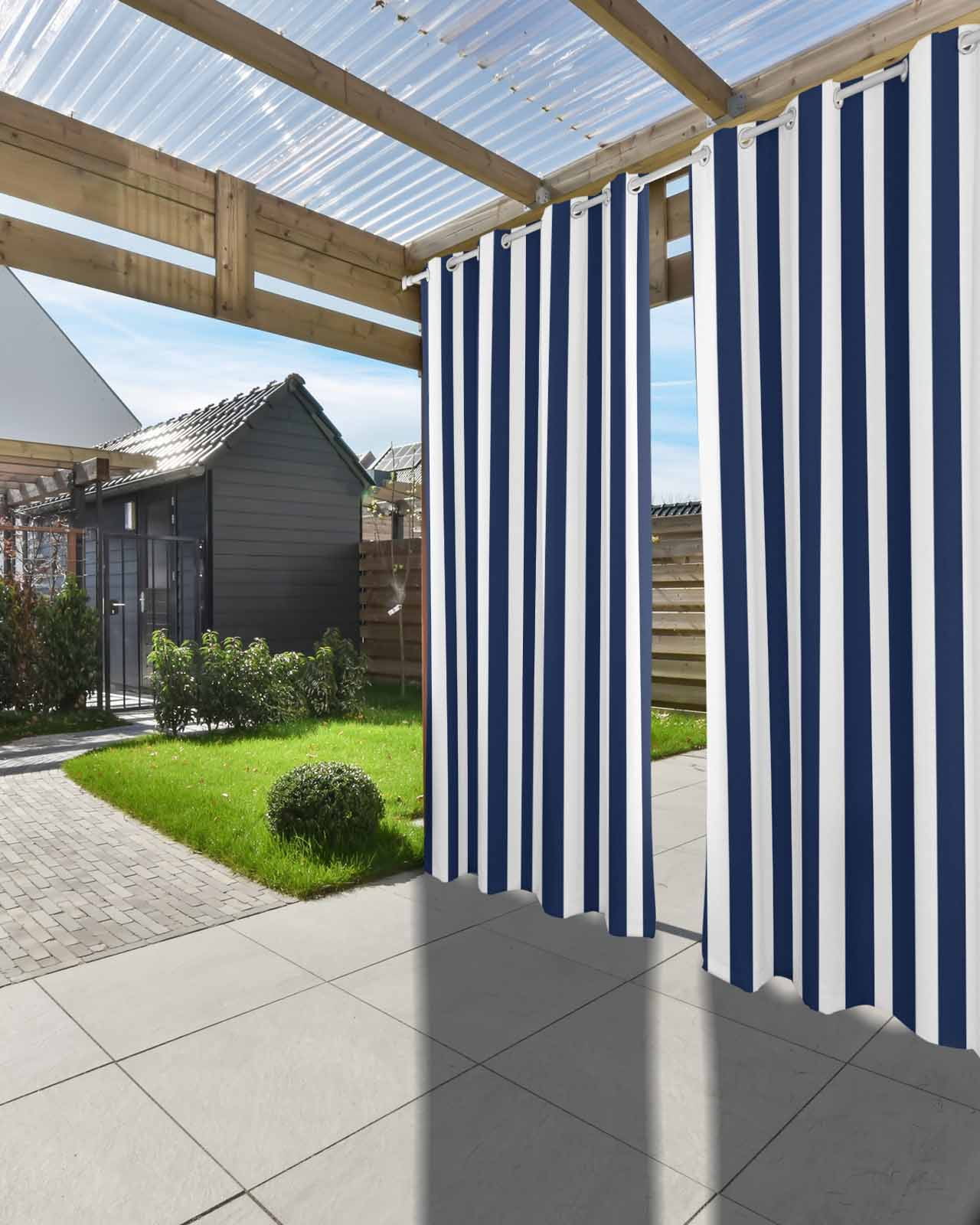 nqOlkjepod Outdoor Curtains for Patio Waterproof, Navy Blue Striped Outdoor Privacy Panels Grommet, Modern Farmhouse Blue White Stripes Blackout Outside Curtains for Porch/Cabana 54"x108", 1 Panel