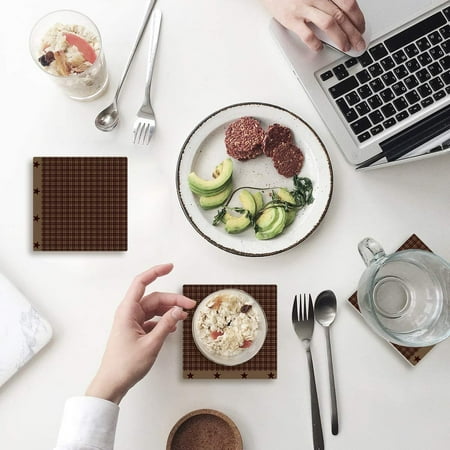 

KXMDXA Check Plaid Star Pattern Brown Set of 6 Coaster for Drinks Absorbent Ceramic Stone Coasters Cup Mat with Cork Base for Home Kitchen Room Coffee Table Bar Decor