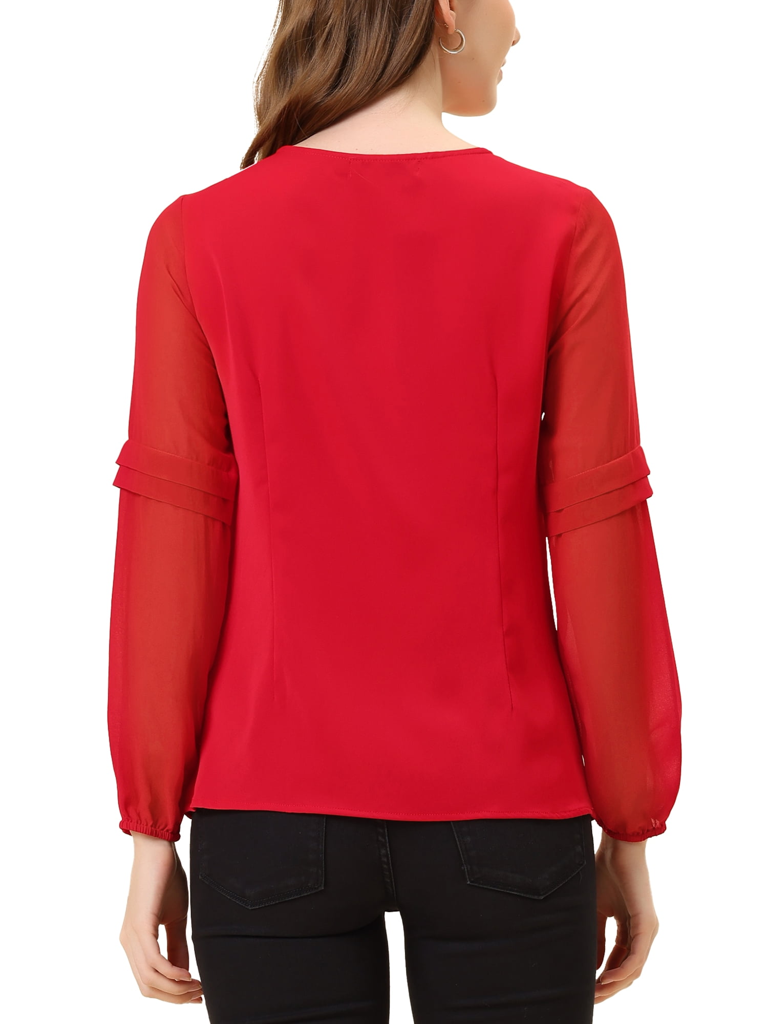 DARING DIVA Chiffon Semi Sheer Long Sleeves Keyhole Neck Blouse M Red