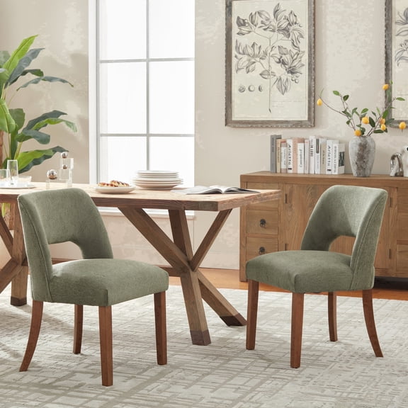 Vknow Furniture Set of 2 Chenille Dining Chairs, Mid-Century Modern Upholstered Kitchen Chairs with Cutout Back & Solid Wood Legs, Green