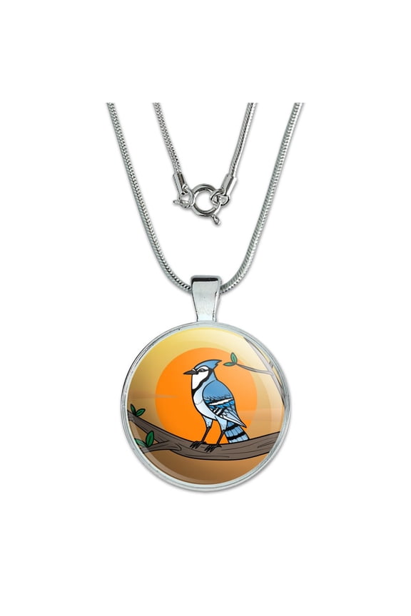 Blue Jay Bird on Branch 1" Pendant with Sterling Silver Plated Chain