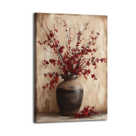 Larbulse Rustic Vase Delicate Red Flower Canvas Wall Art Home Decor Poster Vintage Funny Print Picture Abstract Bedroom Living Room Kitchen Posters Decor
