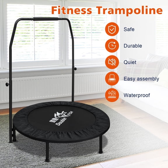 Adjustable Foam Handle 48 Mini Trampoline for Adults - Supports Up To 400lbs, Black Rectangular Fitness Rebounder for Indoor & Outdoor Workouts