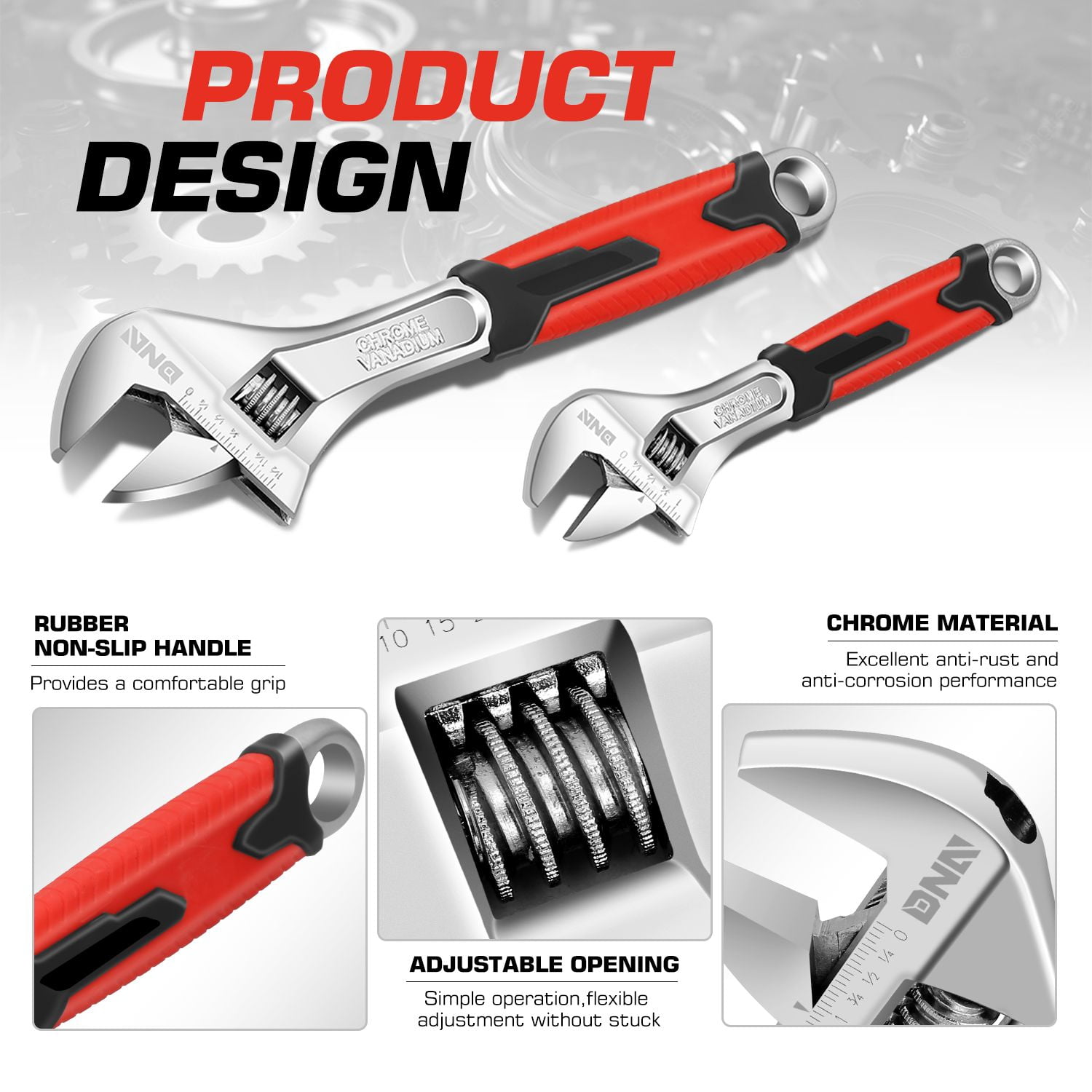 8"+12" Durable 1-1/4" / 1-5/8" Jaw Opening Adjustable Wrench W/Rubberized Grips