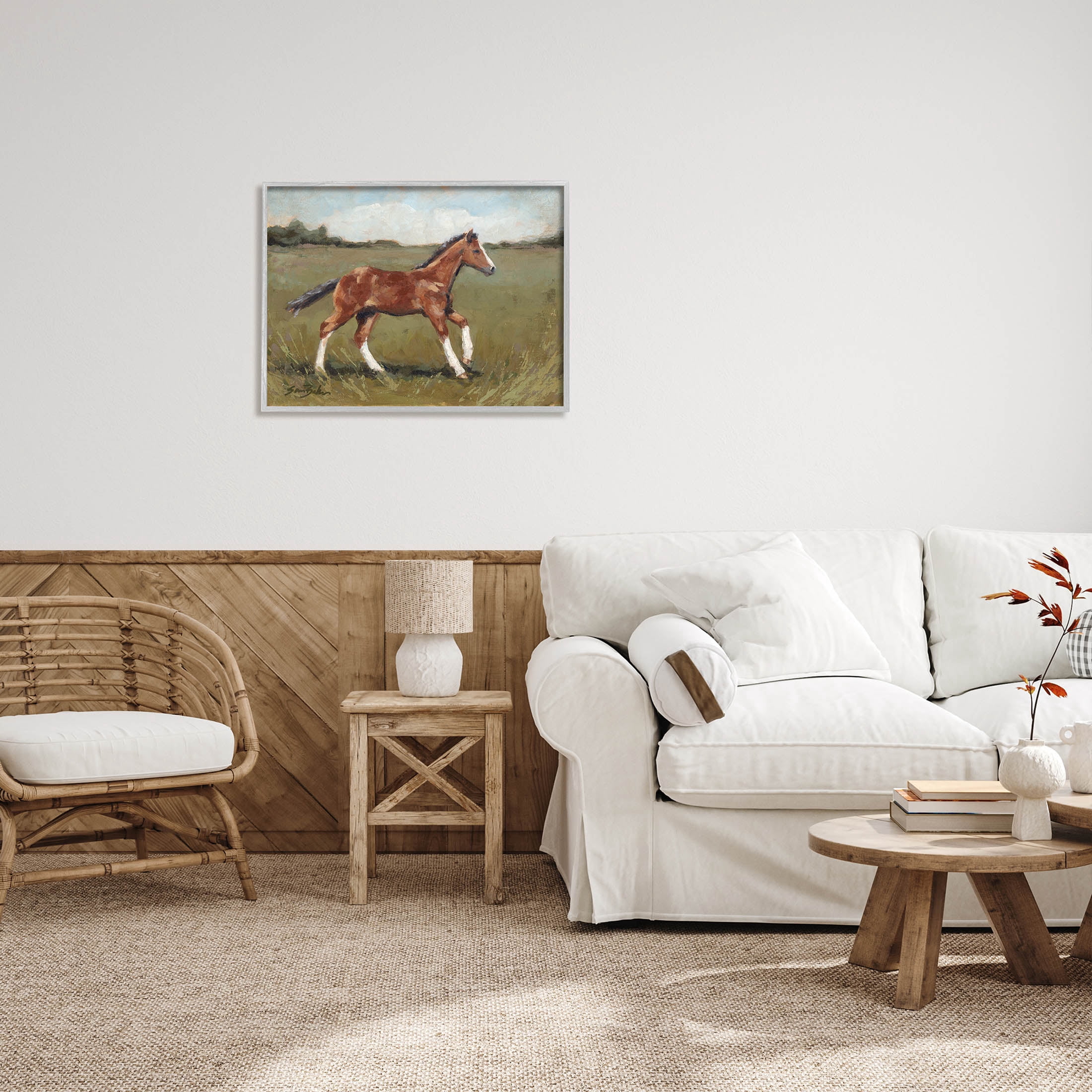 Horse Foal Galloping Countryside Animals & Insects Painting Gray Framed Art Print Wall Art