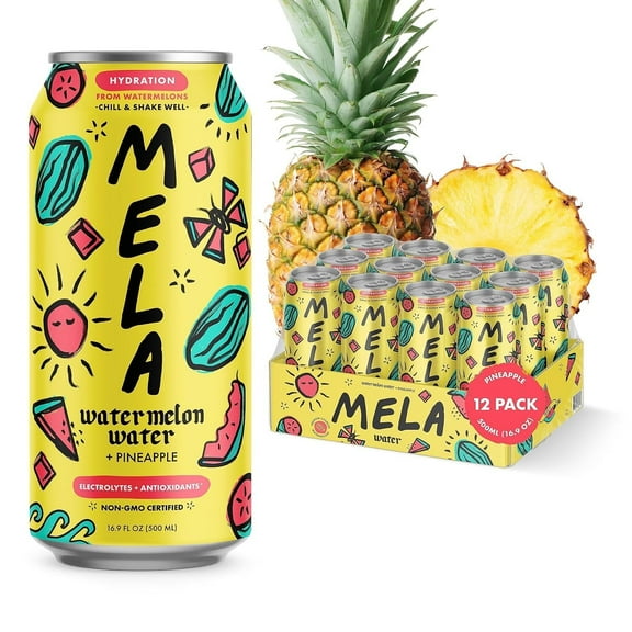 Mela Water Watermelon Juice Drink, with Electrolytes, Antioxidants & Vitamin C, Pineapple Flavor, 16.9 fl oz Bottles, 12 Pack, Liquid Beverage