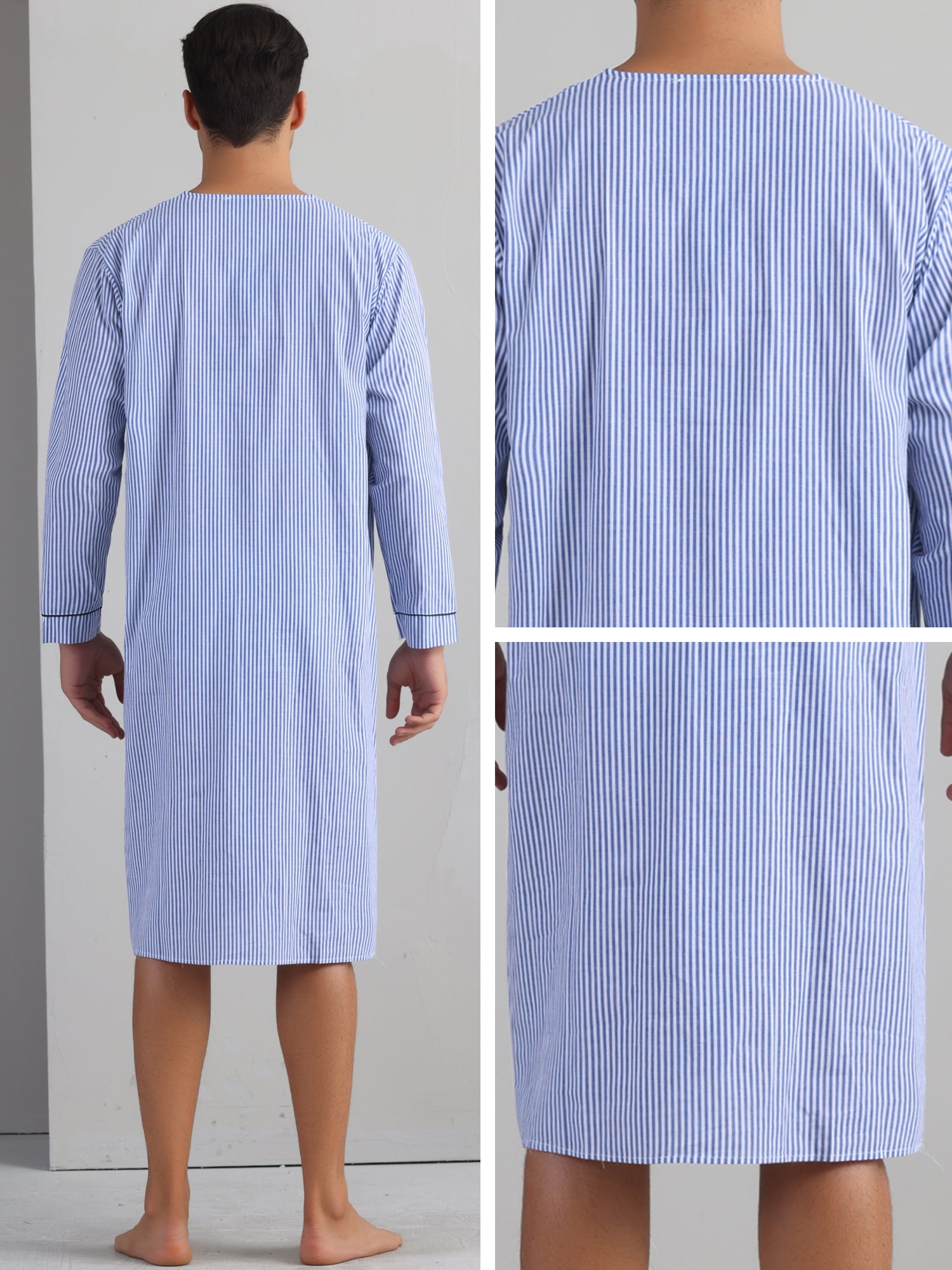 DARING DIVA Men's Striped V-Neck Button Front Long Sleeve Comfortable Nightshirt 2XL Blue