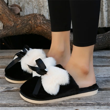 

uikmnh Warm Slippers Ladies Fashion Color Matching Plush Pearl Bow Closed Toe Warm Flat Cotton Slippers 7