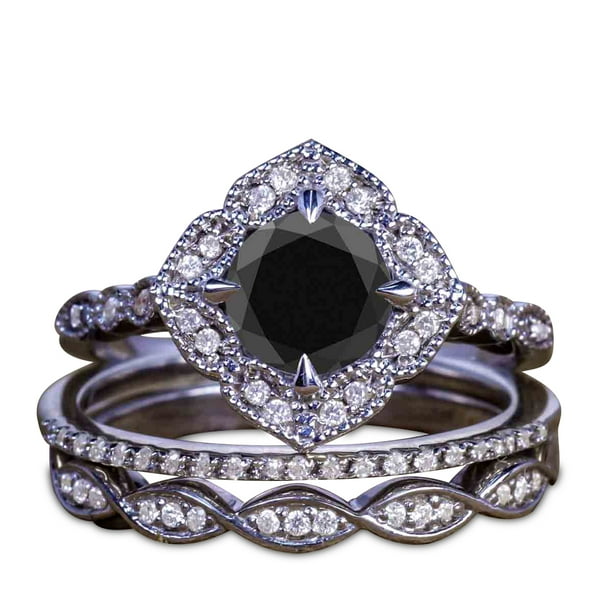 Jeenmata 2 Carat Round Black Diamond Engagement Ring With 2pcs Art Deco Ring Band In 10k Black Gold Walmart Com Walmart Com