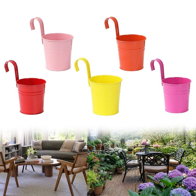 5pcs Metal Hanging Flower Pots for Fence Balcony Garden with Removable Hooks