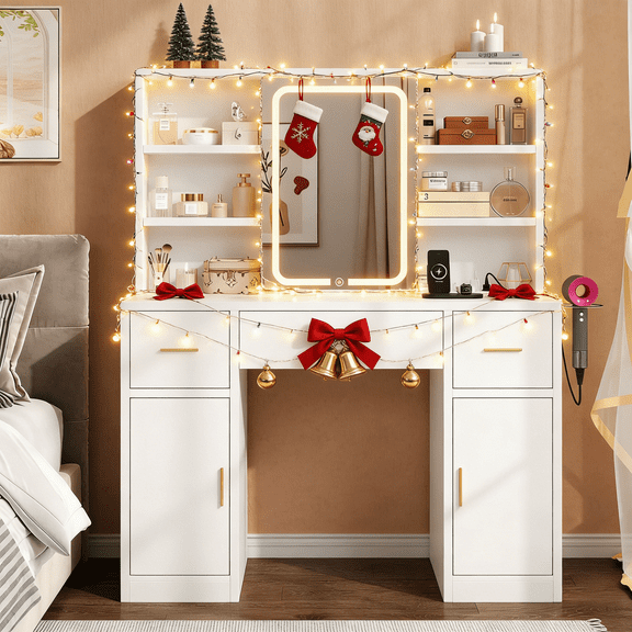 43" Vanity Desk with Sliding Lighted Mirror, Makeup Table with Charging Ports, Hair Dryer Holder, 3 Drawers & 7 Storage Shelves for Bedroom