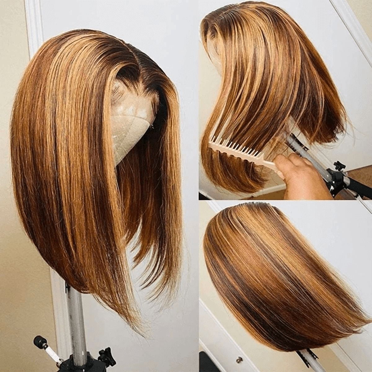 Highlight Ombre, 13x4 Lace Front, Glueless Short Bob Human Hair Wig, P4/27 Honey Blonde 8inch