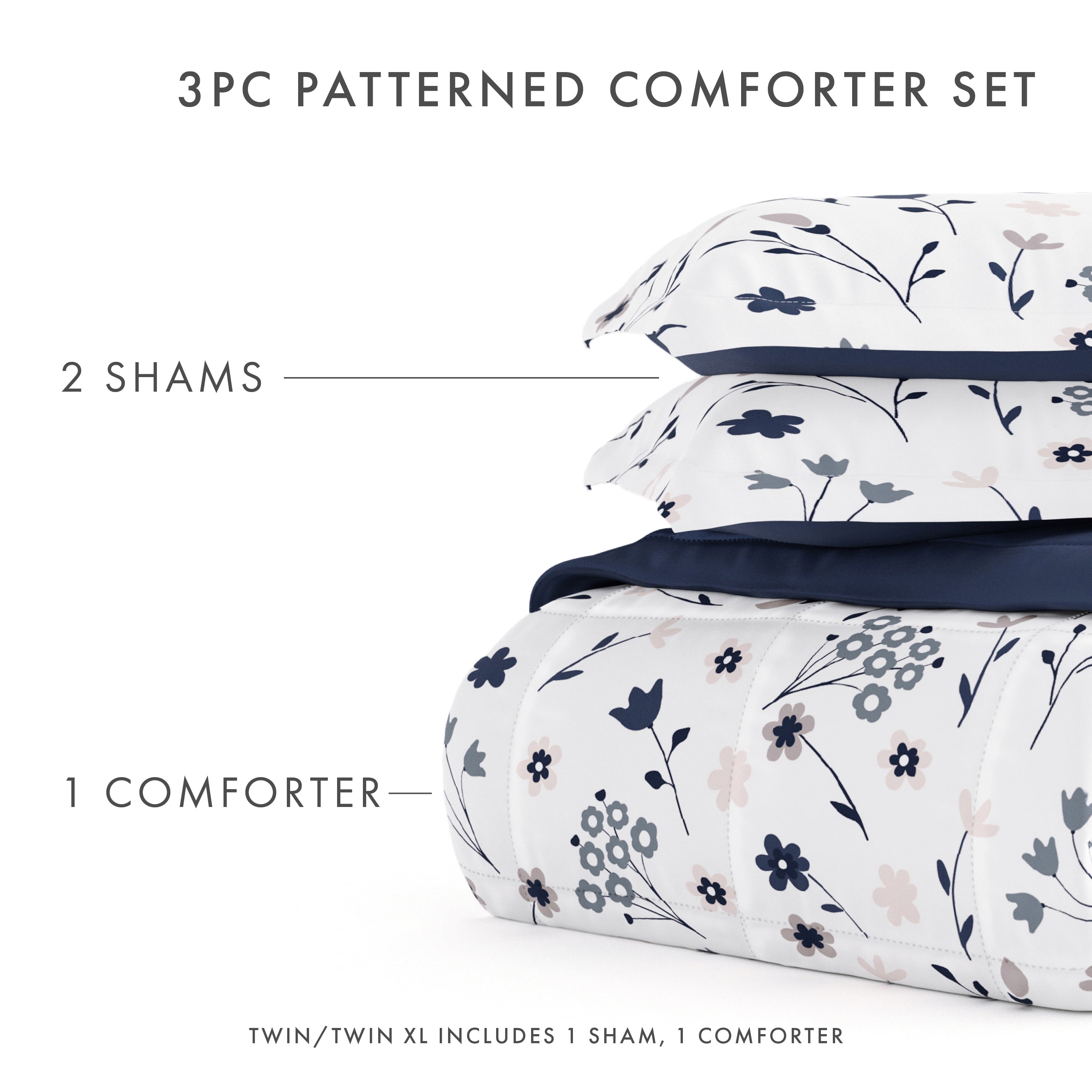 Noble Linens 3-Piece Navy Reversible Comforter Set, Full/Queen