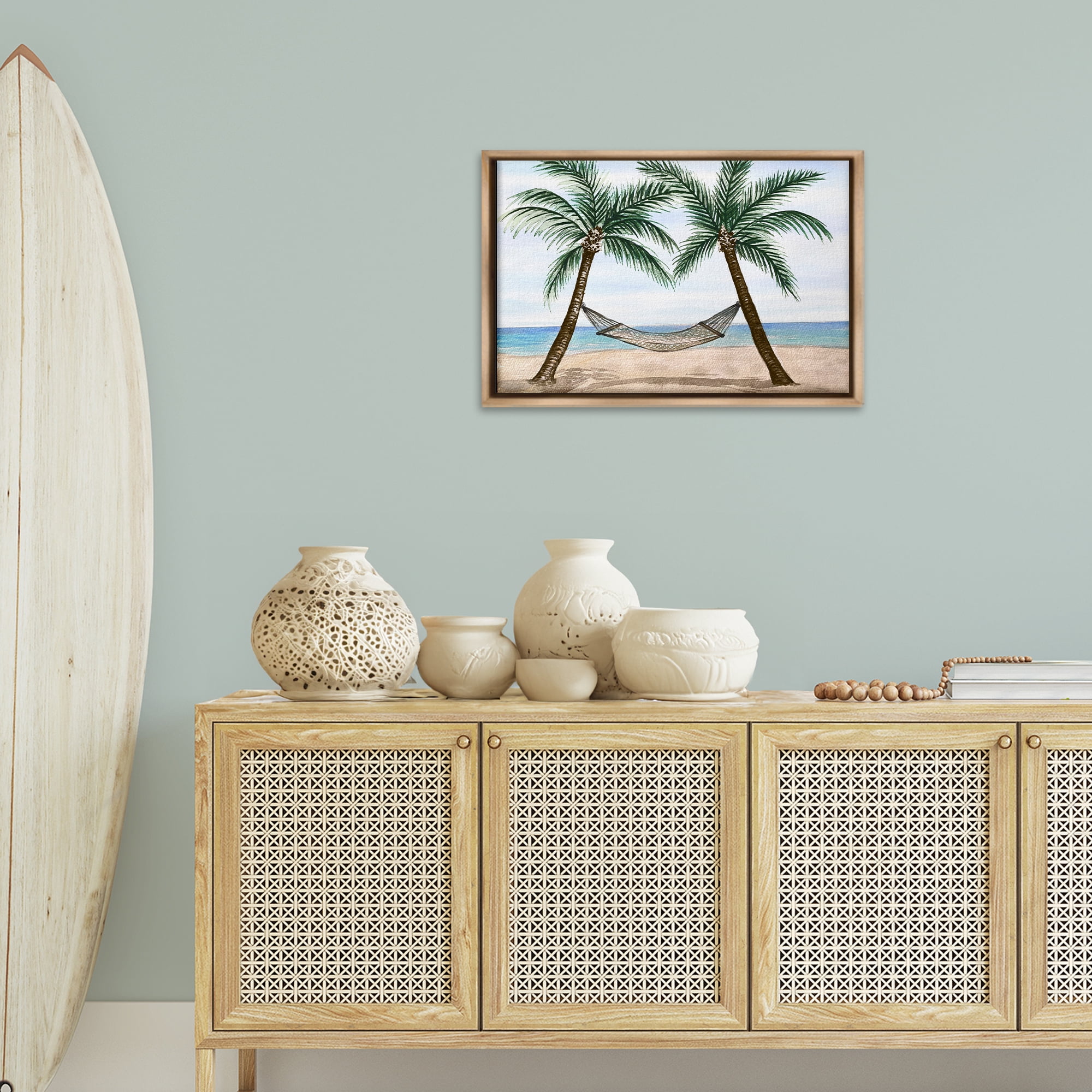Stupell Industries Hammock Between Palms Landscape Painting Brown Floater Framed Canvas Art Print Wall Art, 25 x 17