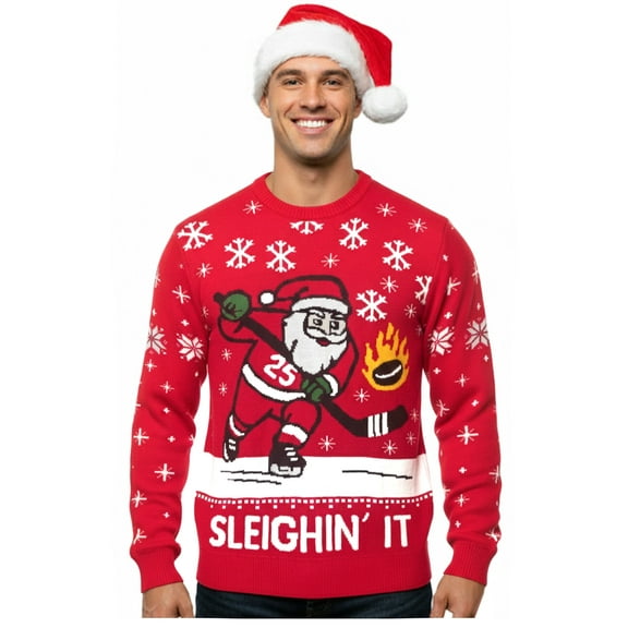 Sleigh'n It Ugly Christmas Sweater - Funny Hockey Santa Pullover for Adults - Unisex Holiday Sweaters Sweater Medium Multicolor