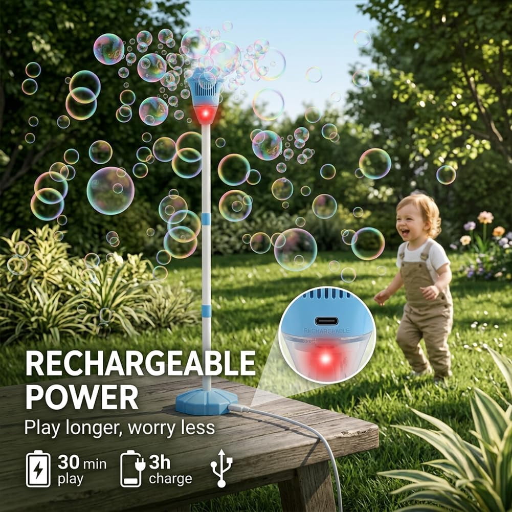 Guvpev 2026 Upgraded Automatic Standing Bubble Machine, 3-Level Height Adjustable Up to 45 Inches, Portable Bubble Maker with Lights & Music for Outdoor Party, Wedding, Summer, Unique Gifts