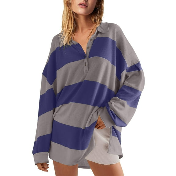 Samickarr Oversized Sweatshirts for Women Half Button Down Long Sleeve Pullovers Loose Striped Fall Tops