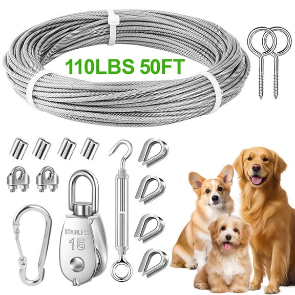 50ft Dog Tie Out Cable, EEEkit Stainless Steel Dog Tether Runner Lead Leash Trolley Runner Cable for Outdoor Yard Camping, Up to 110lbs
