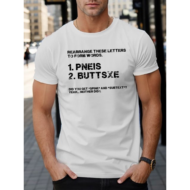 Men's Casual Crew Neck T-Shirt, Geometric Pattern, Regular Fit, with Rearrange These Letters to Form Words Print, for All-Season TopFather's Day, Mother's Day, New Year, Spring Festival, Valentine's