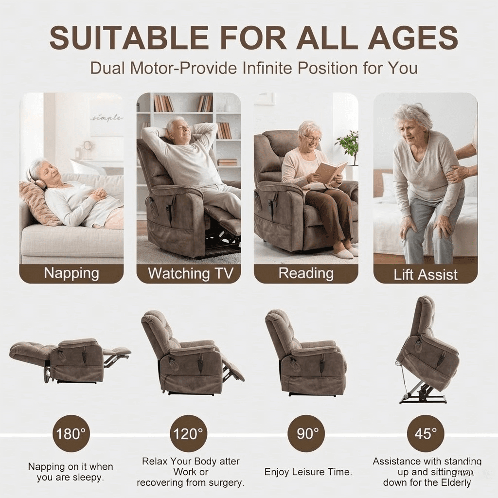 Howcool Lift Recliner Chair Lay Flat 180°, Dual Motor Power Lift Chair with Massage and Heating, Infinite Position Heavy Duty Oversized Recliner for Elderly Living Room,Brown