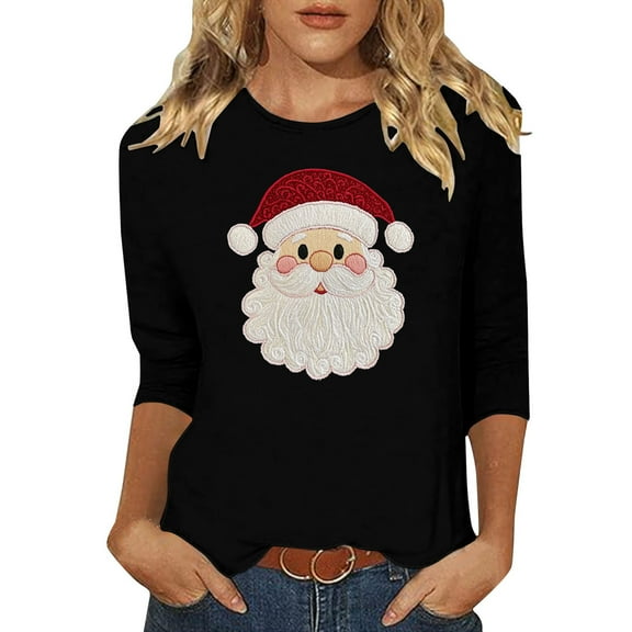 asdoklhq Winter Tops for Women Christmas Ladies' Christmas Round Neck 3/4 Sleeve T-shirt Shirt Black 2X