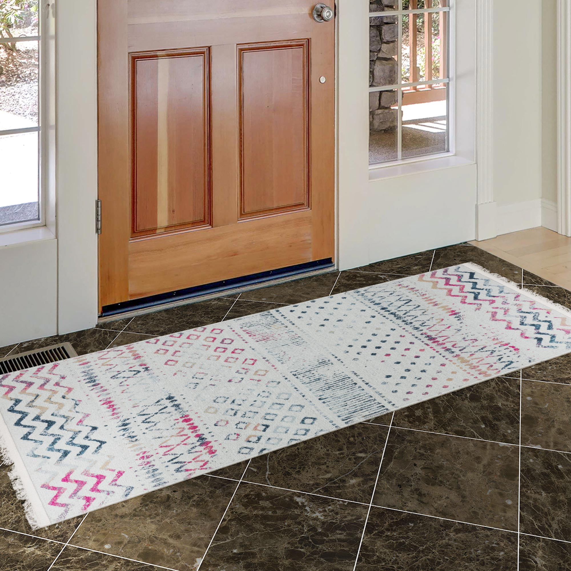 Ottomanson Machine Washable Cotton 2x5 Flatweave Runner Rug for Bedroom, 20" x 59", Off White/Multicolor Moroccan/Boho