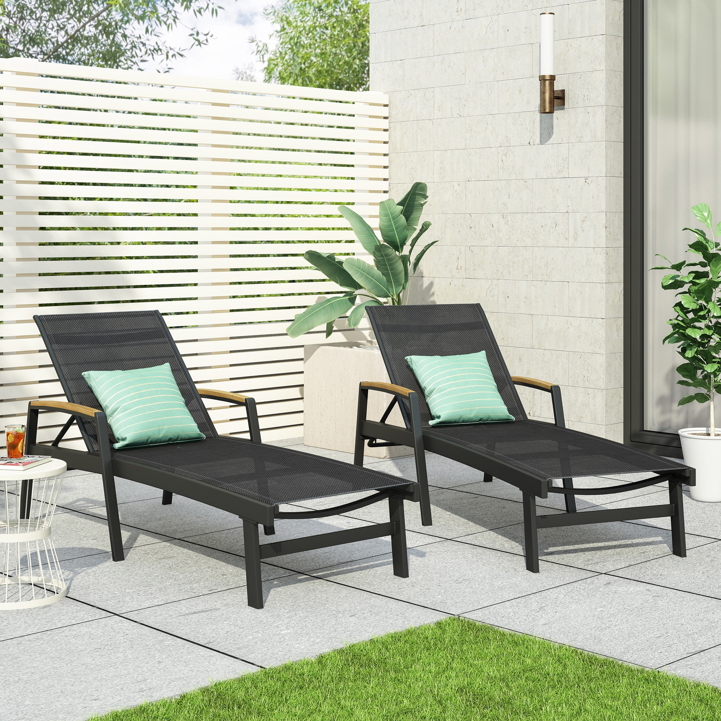 Adjustable Aluminum Mesh Patio Chaise Lounges Set of 2 for Poolside Deck, Black