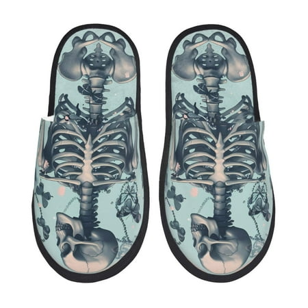 Balery Butterflies Skull Bows Slient Indoor Furry Fleece Comfort House Shoes Soft Non-Slip Home Shoes Cotton slippers House Slippers-- Large