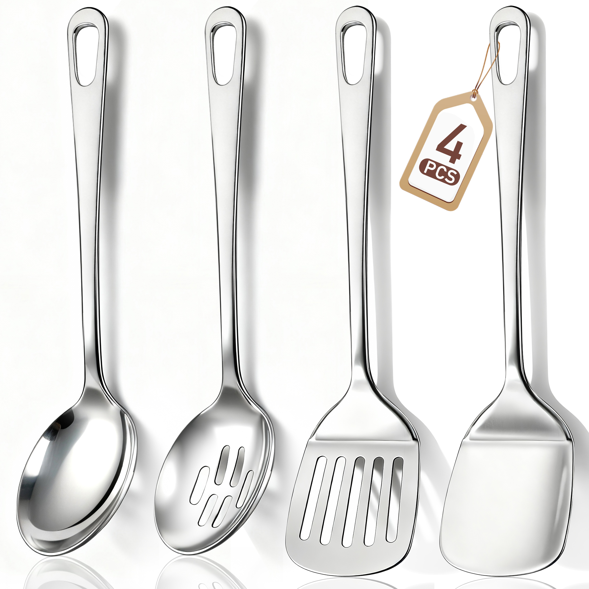 4 Pcs Cooking Utensils Set, TAIMASI Stainless Steel Kitchen Utensils, Kitchen Tools Set Include Solid & Slotted Turner Wok Spatula, Serving Spoon, Home Essentials Kitchen Gadgets Accessories