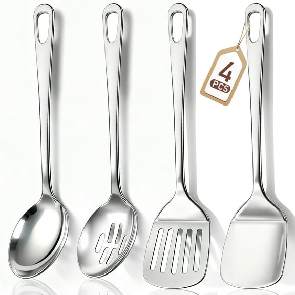 4 Pcs Cooking Utensils Set, TAIMASI Stainless Steel Kitchen Utensils, Kitchen Tools Set Include Solid & Slotted Turner Wok Spatula, Serving Spoon, Home Essentials Kitchen Gadgets Accessories