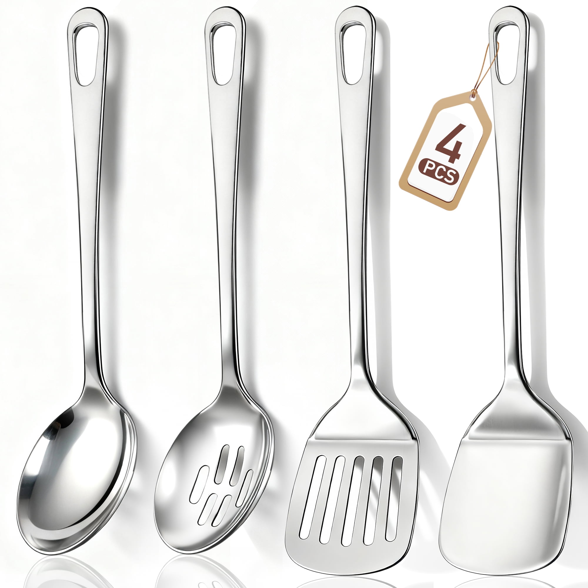 4 Pcs Cooking Utensils Set, TAIMASI Stainless Steel Kitchen Utensils, Kitchen Tools Set Include Solid & Slotted Turner Wok Spatula, Serving Spoon, Home Essentials Kitchen Gadgets Accessories