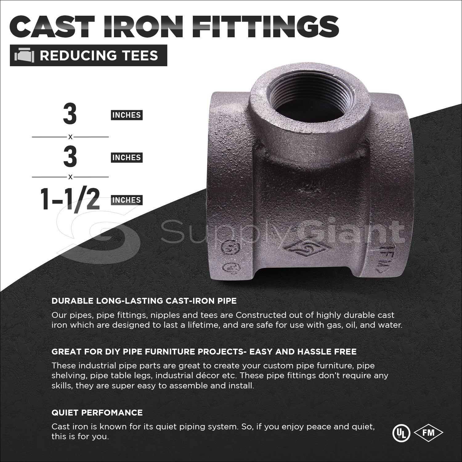 Supply Giant 3" x 3" x 1-1/2" BLack Pipe Fitting Reducing Tee Cast Iron