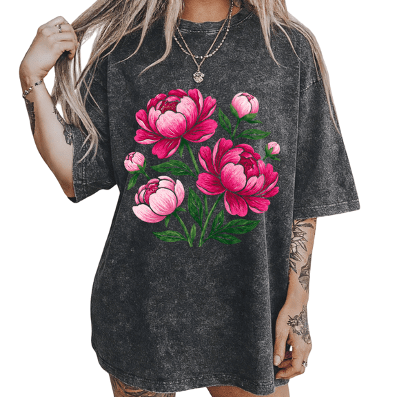 UNISHE Women's Black Pink Peony Watercolor Vintage Washed T-Shirt Short Sleeve Crew Neck Top