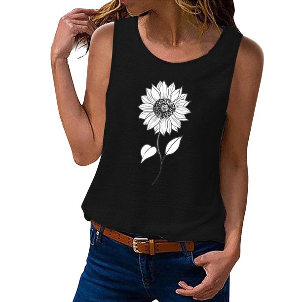 Gibobby Camiseta sin mangas de verano para mujer, camiseta sin mangas con gráfico de flores , camiseta informal para vacaciones(Negro,M)