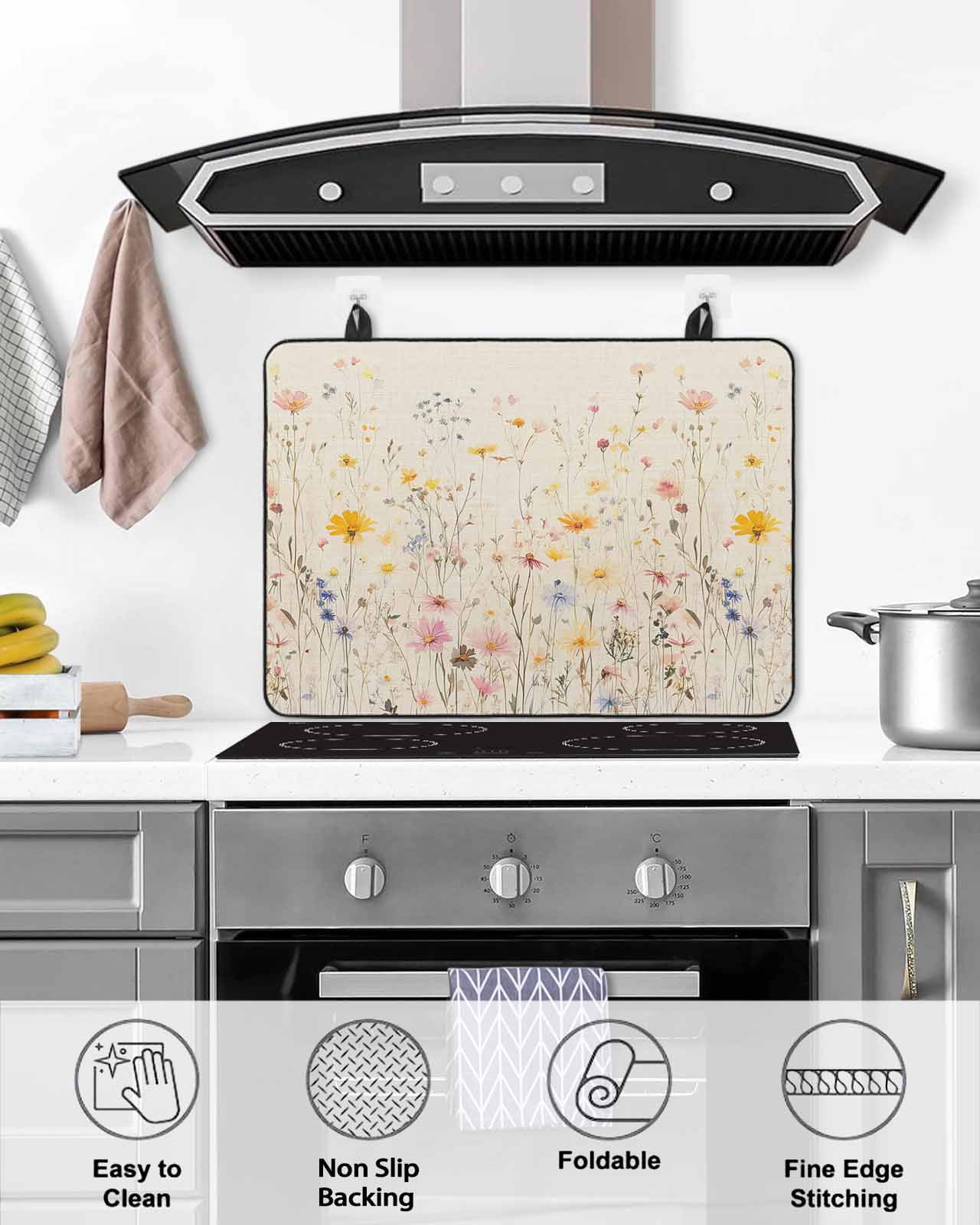 nqOlkjepod Large Induction Cooktop Protector Mat 24"x21", Wildflowers Blossom Stove Top Covers for Electric Stove, Spring Rustic Retro Botanical Stove Burner Cover Mats, Glass Top Stove Cover