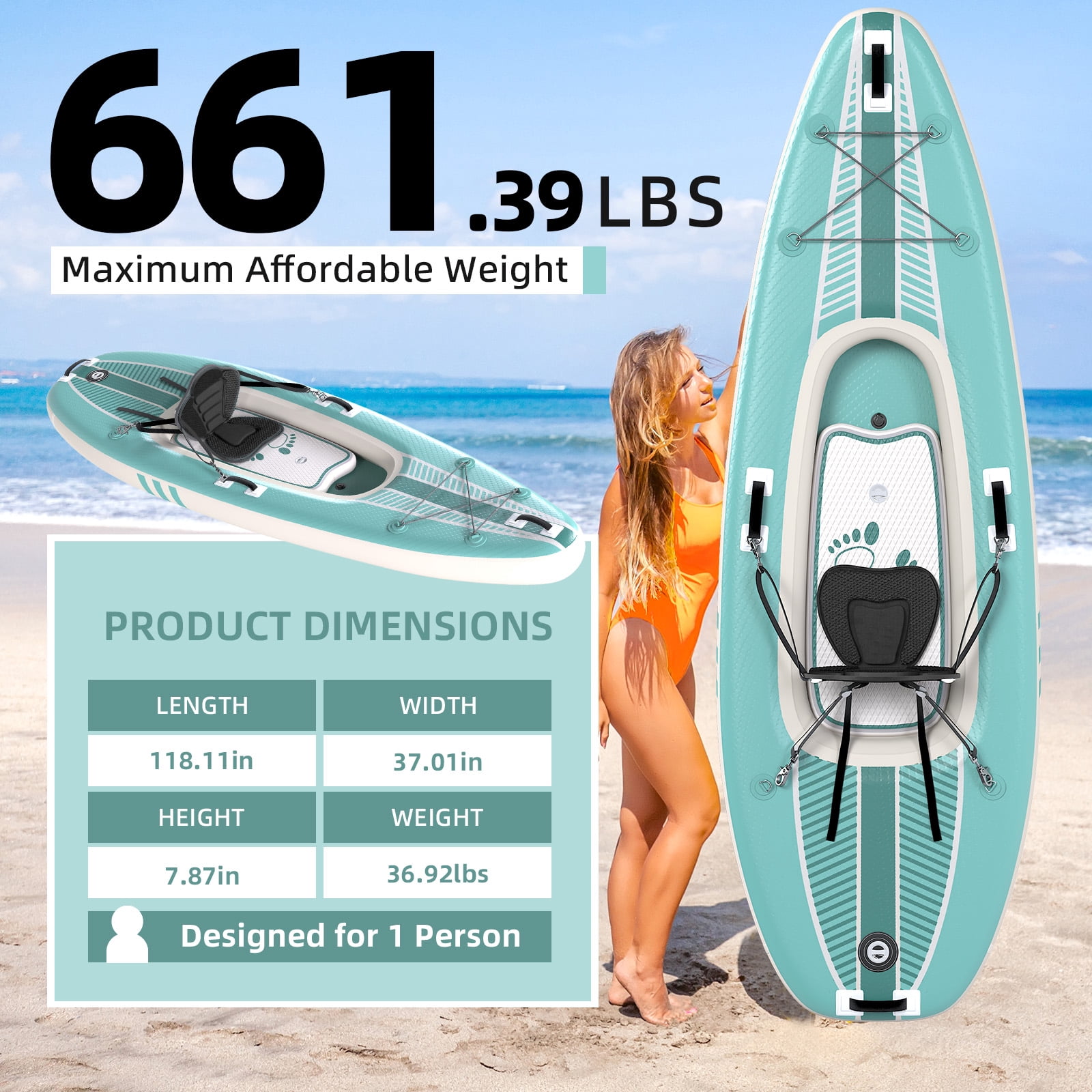Danrelax 1 Person Inflatable Kayak for Adults, Drop-Stitch Floor, Tandem Kayak, Blue