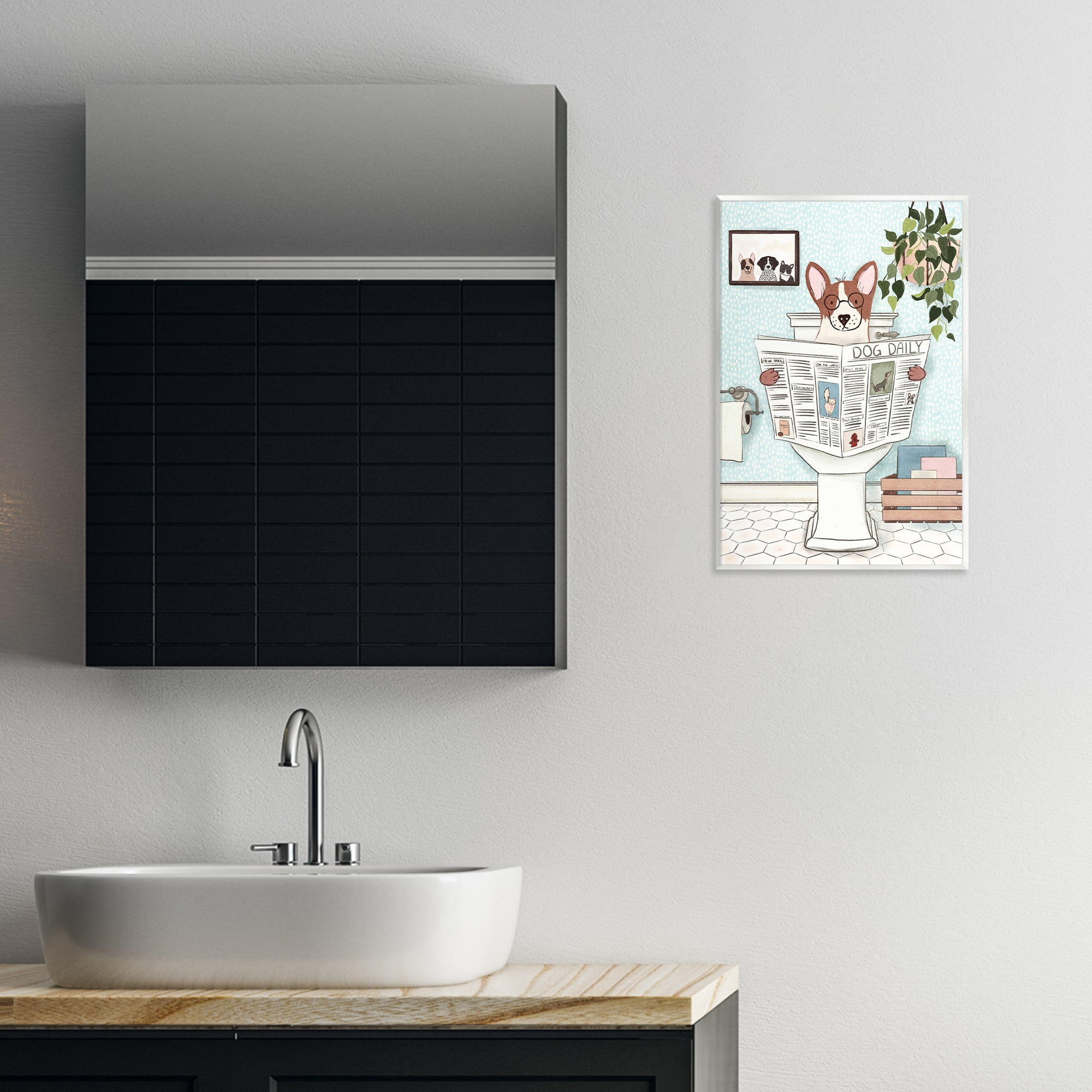 Stupell Industries Dog & Newspaper Bathroom Bath & Laundry Painting Unframed Art Print Wall Art, 13 x 19