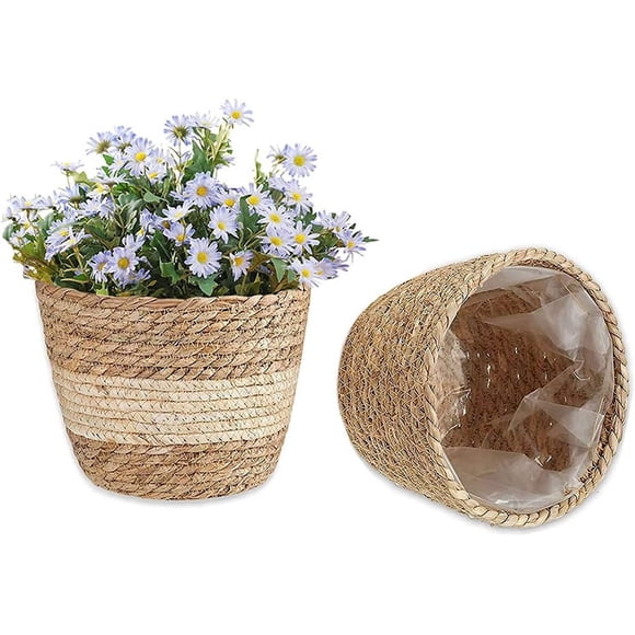 Eco-Friendly Housewarming Gift, Water Hyacinth Corn Stalk Woven Seagrass Material Planter Basket for Durable Lightweight Home Decor