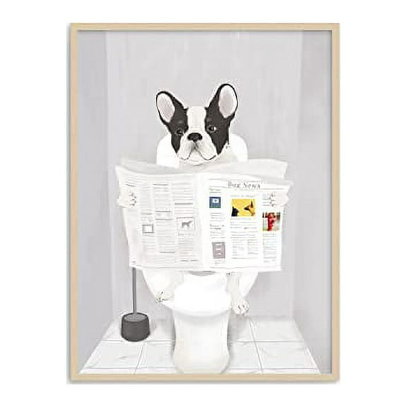 Haus and Hues Funny Dog Bathroom Decor - Funny Bathroom Wall Art of Dog Poster | Wall Art and Animal Posters Dog Bathroom Signs and Funny Bathroom Art French Bulldog in Bathroom (Beige Framed) (12x16)