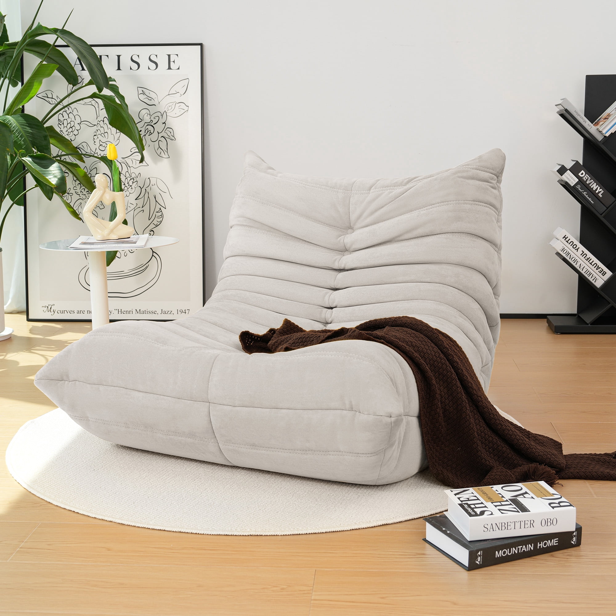 Cottinch Giant Bean Bag Chair Lazy Floor Sofa for Adults, Teens, Memory Foam Sofa Fireside Togo Chair Suede Lounger Couch for Living Room, Bedroom, Light Grey