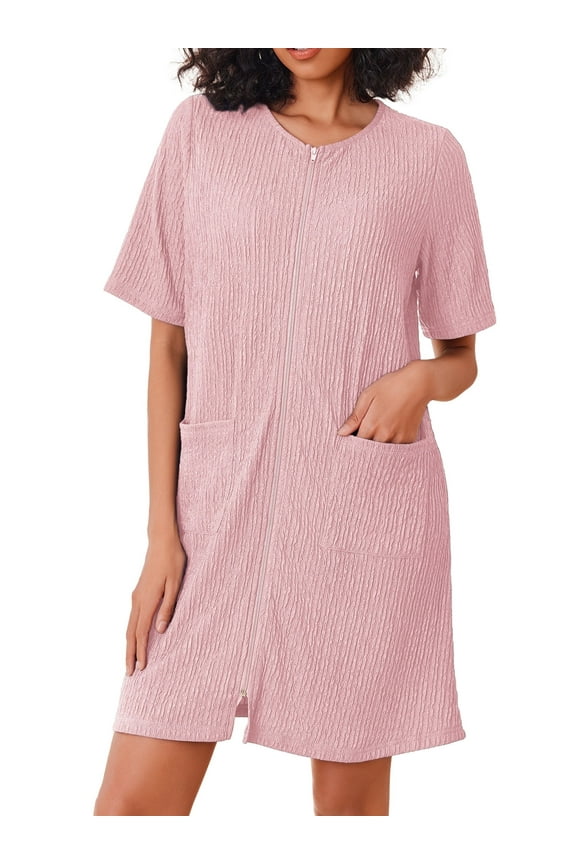 Women Zipper Robes Knit Short Sleeve House Coat Lightweight Zip Up Short Bathrobe with Pockets Soft Nightgown Sleepwear S-XXL