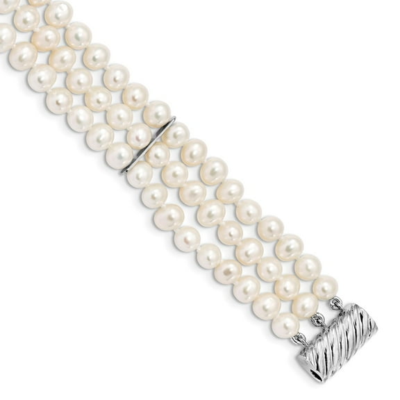 Primal Silver Sterling Silver Rhodium-plated 6-7mm White Freshwater Cultured Pearl 3 Strand Bracelet