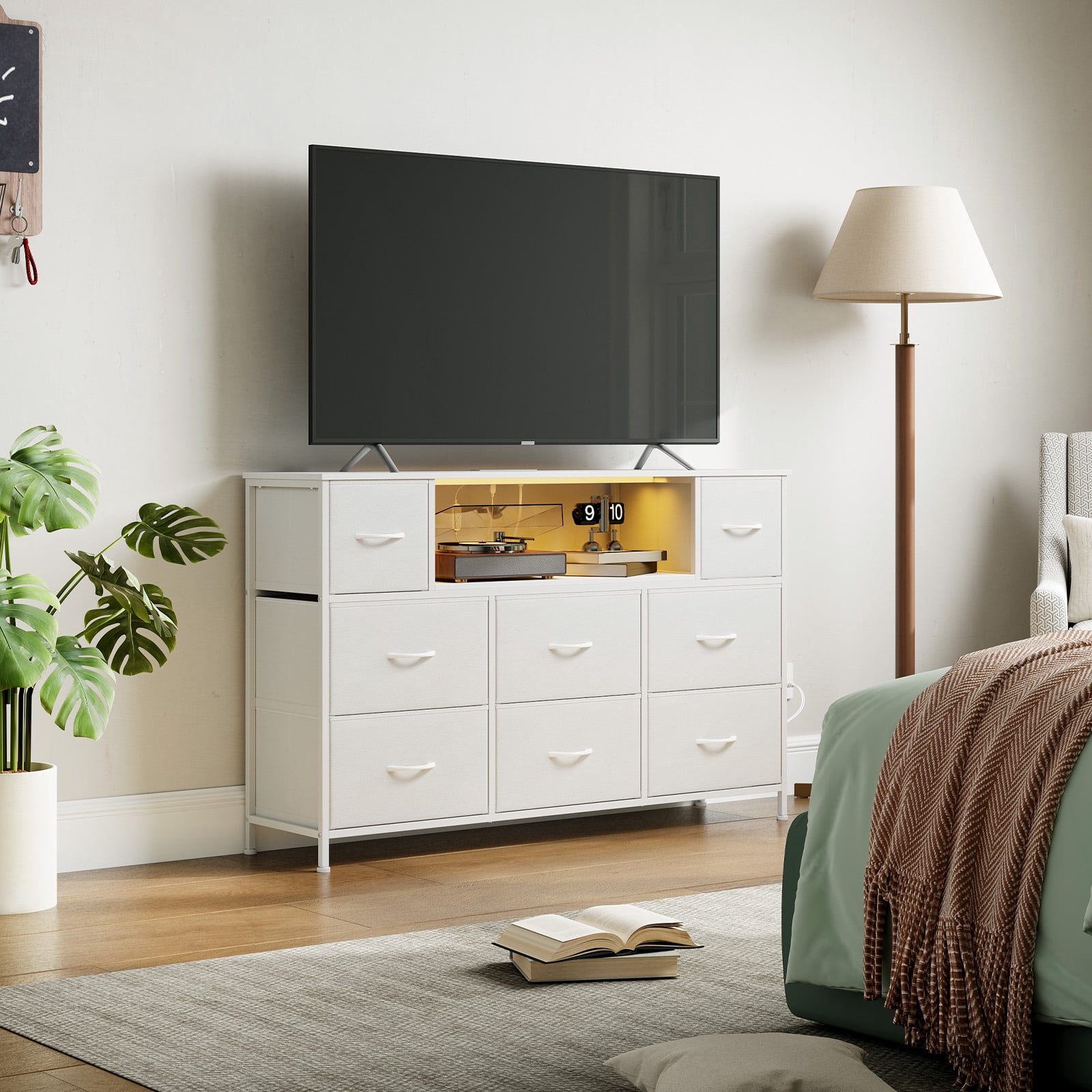 Eunos White Tv Stands for 65" Tv with 8 Drawers, LED & Power Outlets for Bedroom, Living Room